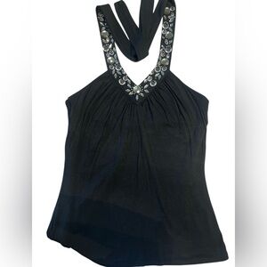 White House Black Market Black Embellished Halter Top Size Medium